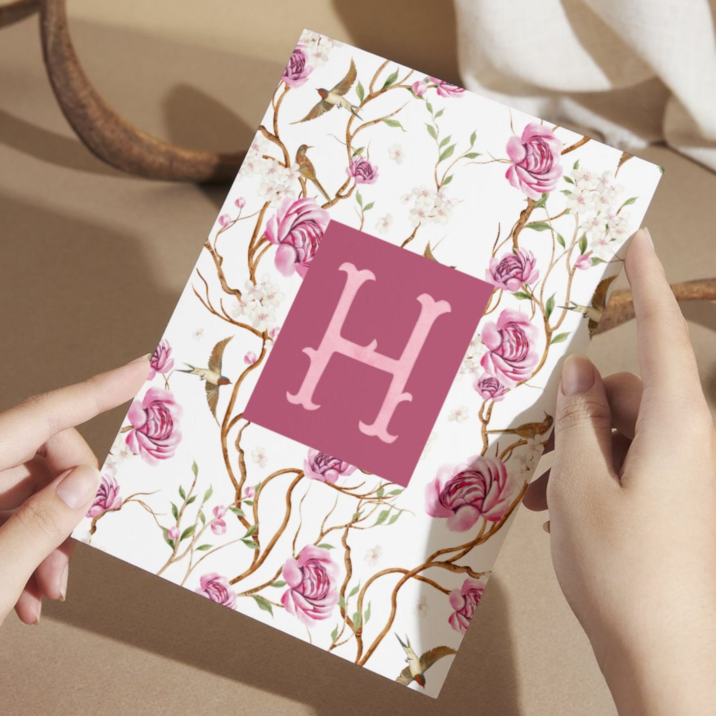 Chinoiserie Floral Monogram H, Pink Rose Letter H Art, Botanical Wall Art with Birds, Personalized Floral Initial Gift