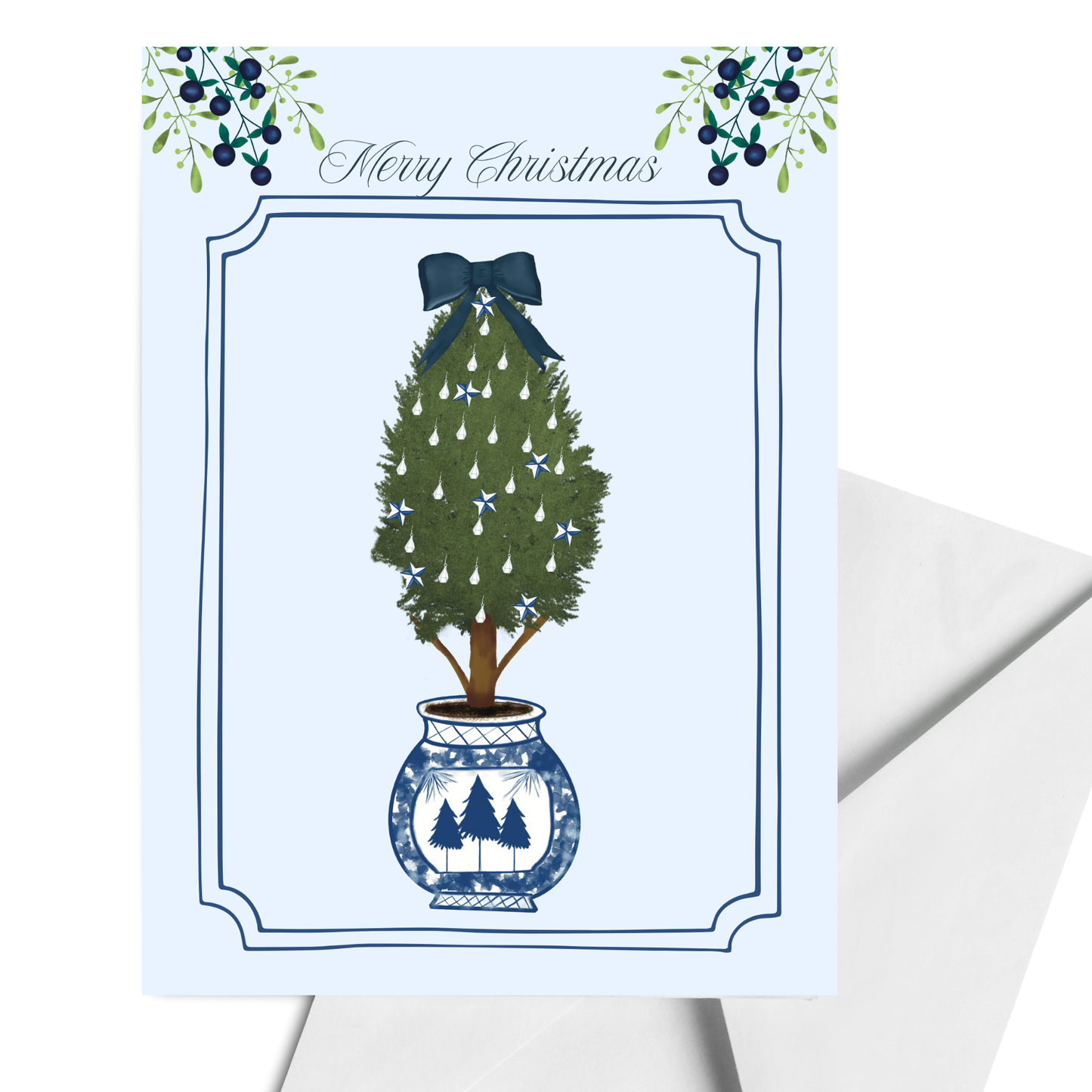 Chinoiserie Christmas Card, Blue and White Christmas Tree Card, Elegant Holiday Greeting Card, Hand Painted Blank Inside Winter Card