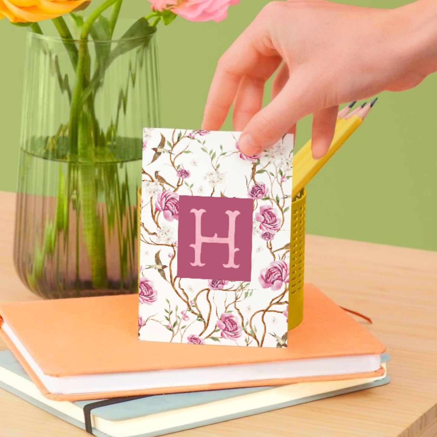 Chinoiserie Floral Monogram H, Pink Rose Letter H Art, Botanical Wall Art with Birds, Personalized Floral Initial Gift