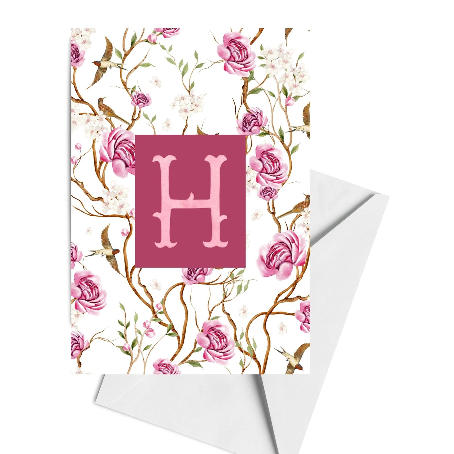 Chinoiserie Floral Monogram H, Pink Rose Letter H Art, Botanical Wall Art with Birds, Personalized Floral Initial Gift