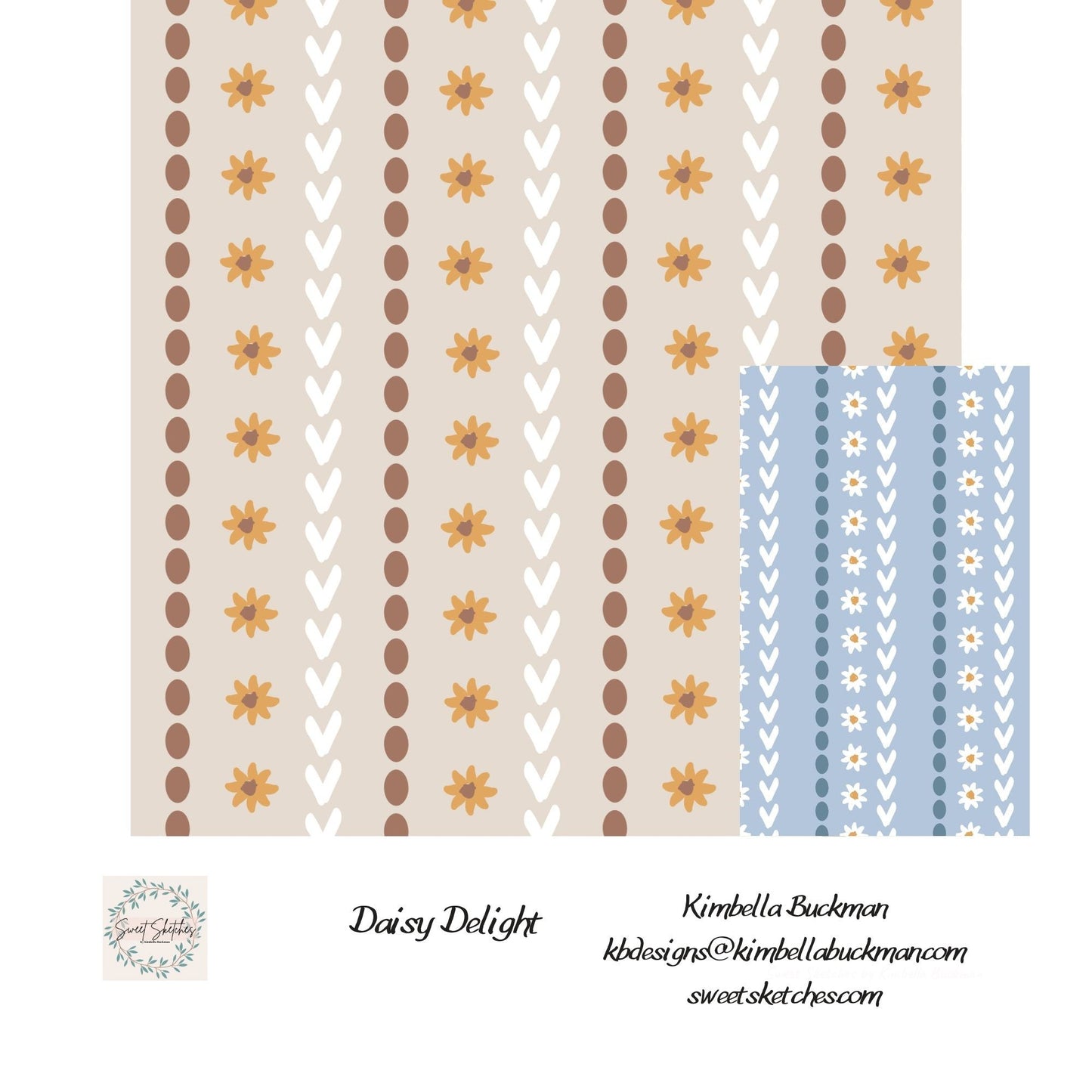 A sweet stripe of daisy flowers, dots, and hearts—perfect for coordinates in multiple colorways. Striped floral pattern with orange daisies, white hearts, and brown dots on beige and blue backgrounds.