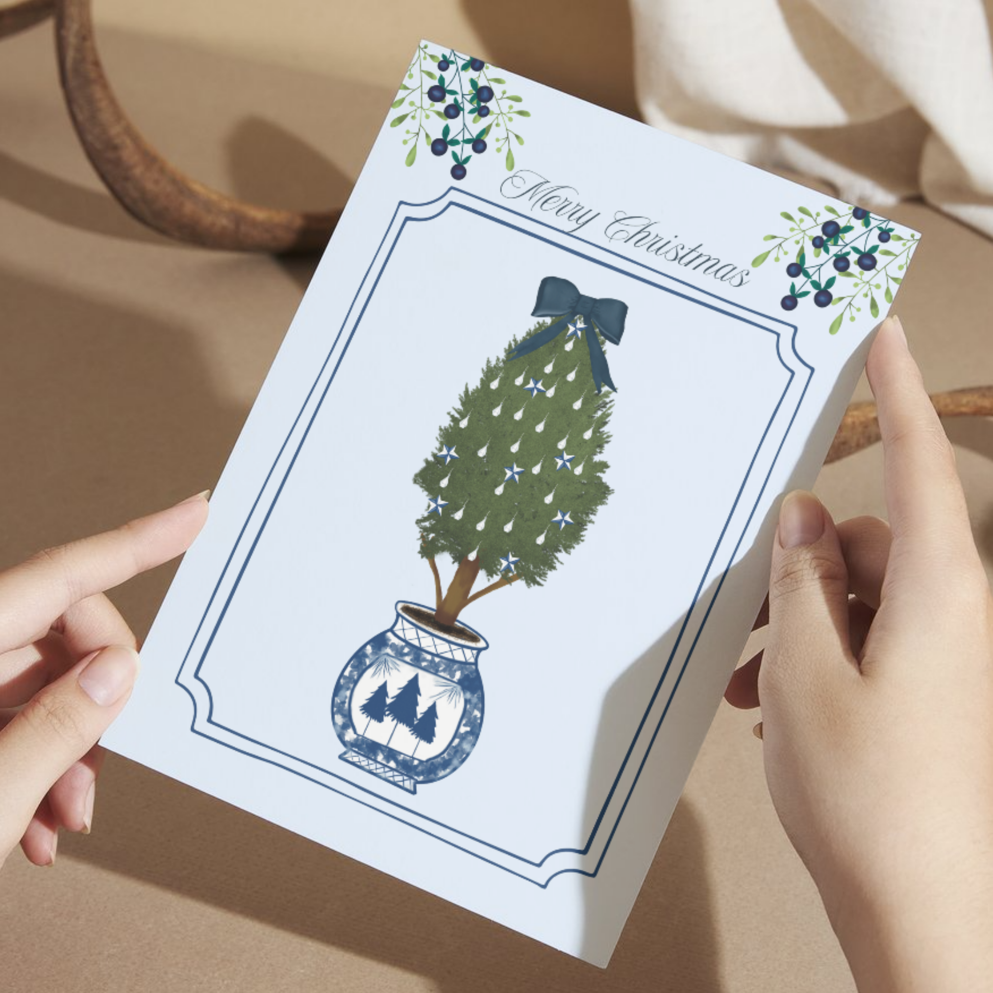 Chinoiserie Christmas Card, Blue and White Christmas Tree Card, Elegant Holiday Greeting Card, Hand Painted Blank Inside Winter Card
