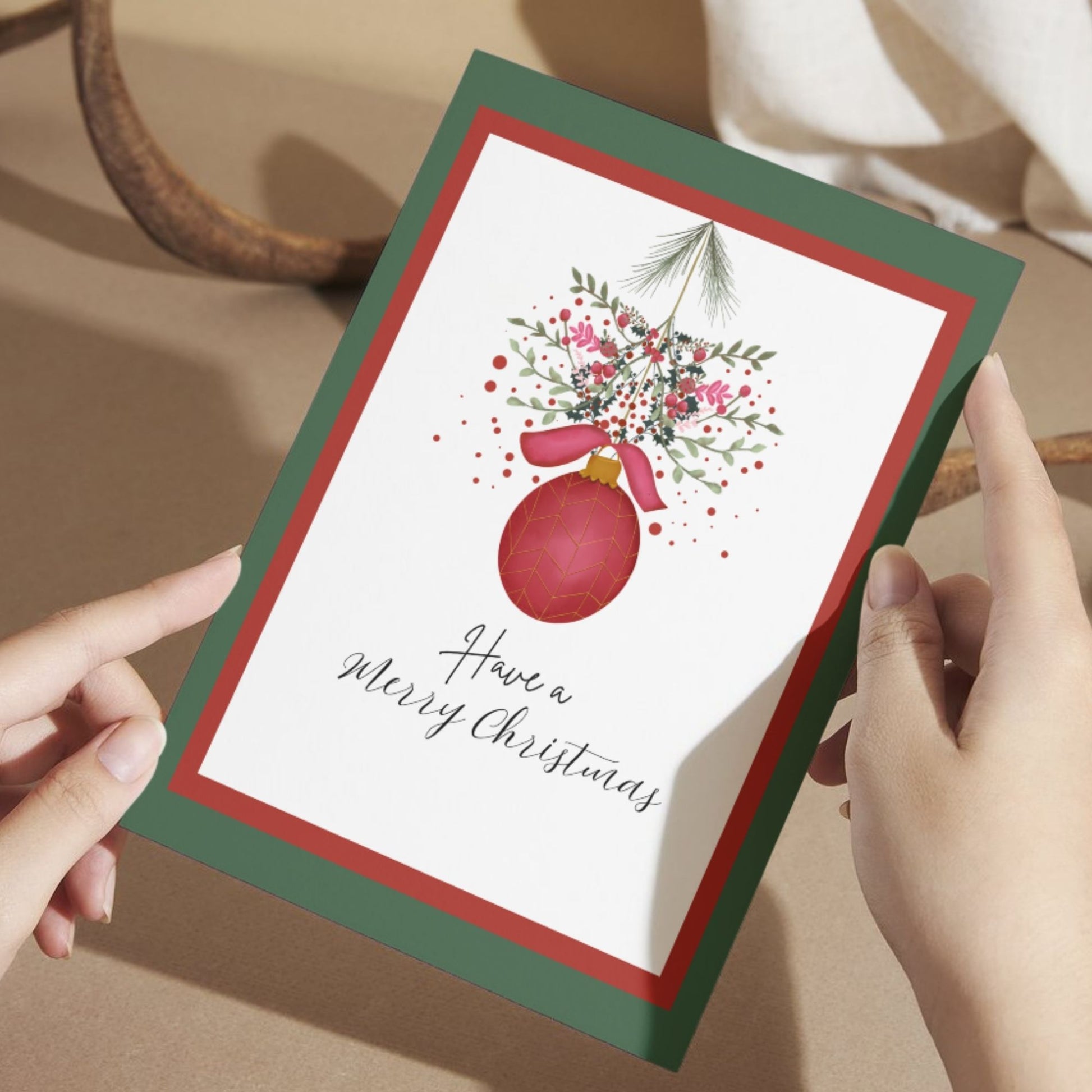 Merry Christmas Card Red Ornament with Florals