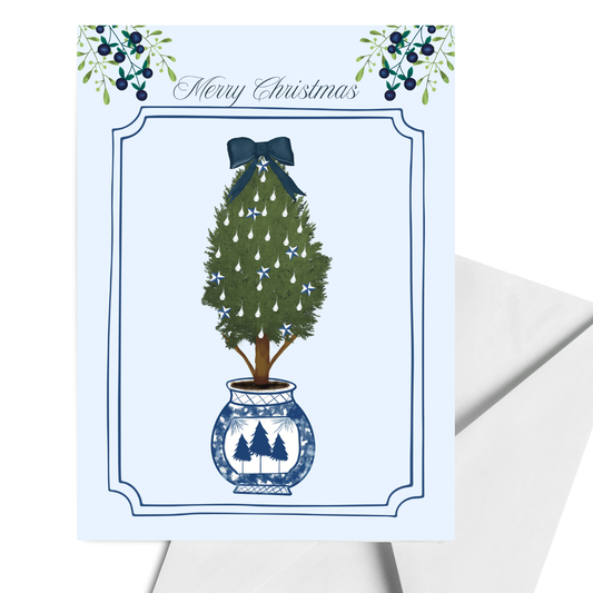 Chinoiserie Christmas Card, Blue and White Christmas Tree Card, Elegant Holiday Greeting Card, Hand Painted Blank Inside Winter Card
