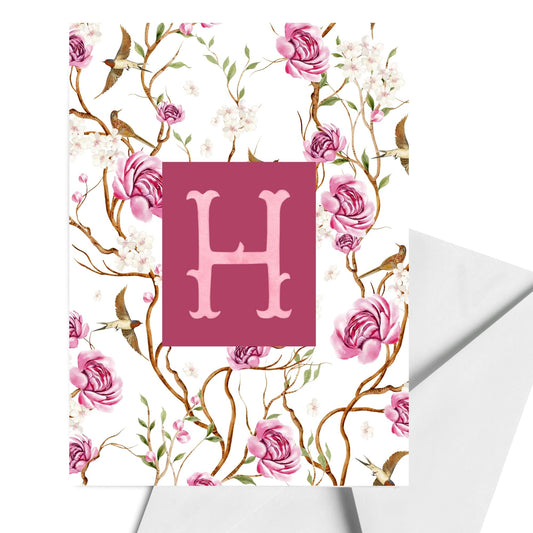 Chinoiserie Floral Monogram H, Pink Rose Letter H Art, Botanical Wall Art with Birds, Personalized Floral Initial Gift