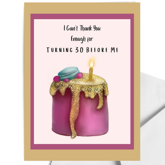 Greeting card with a pink cake candle and text on a white background