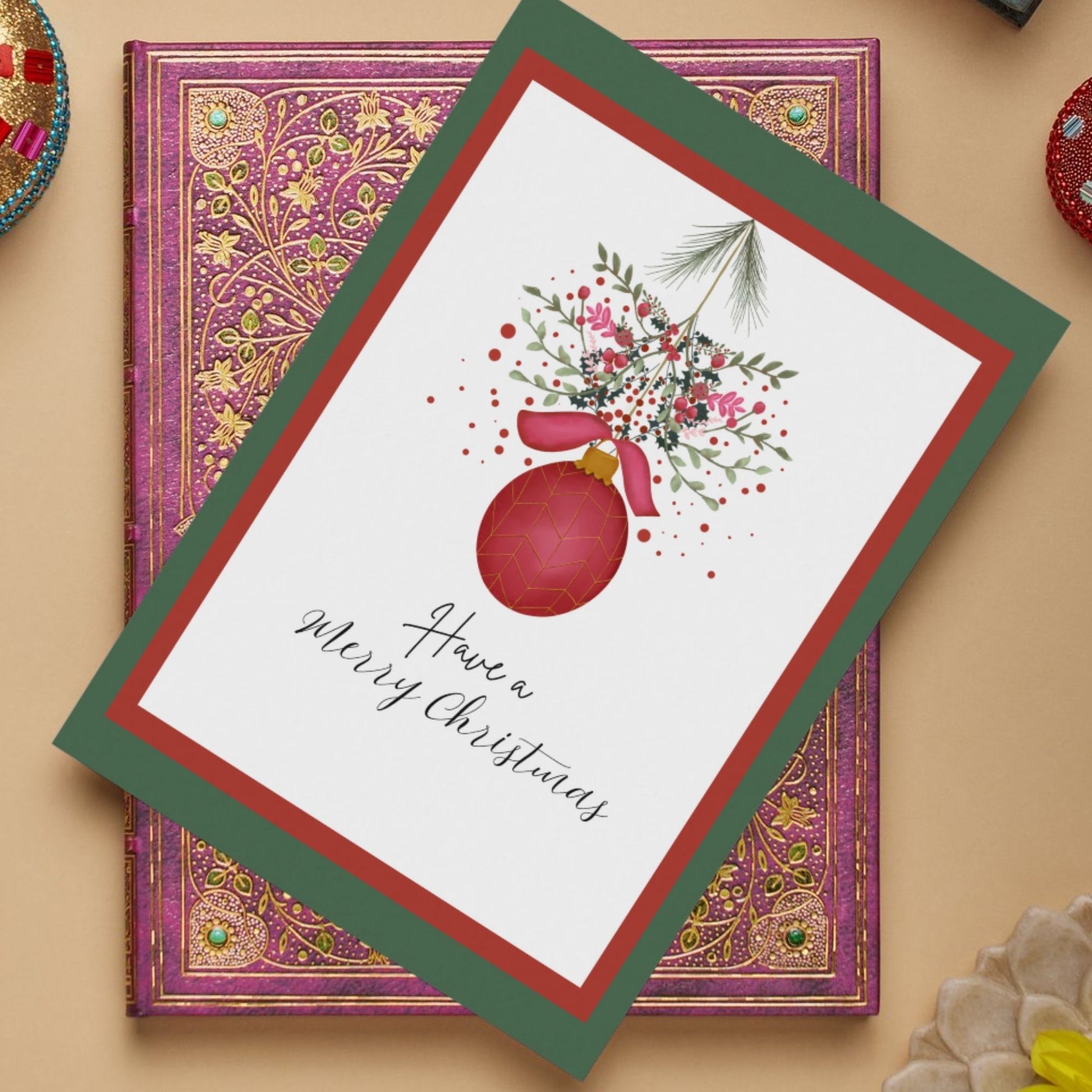 Merry Christmas Card Red Ornament with Florals