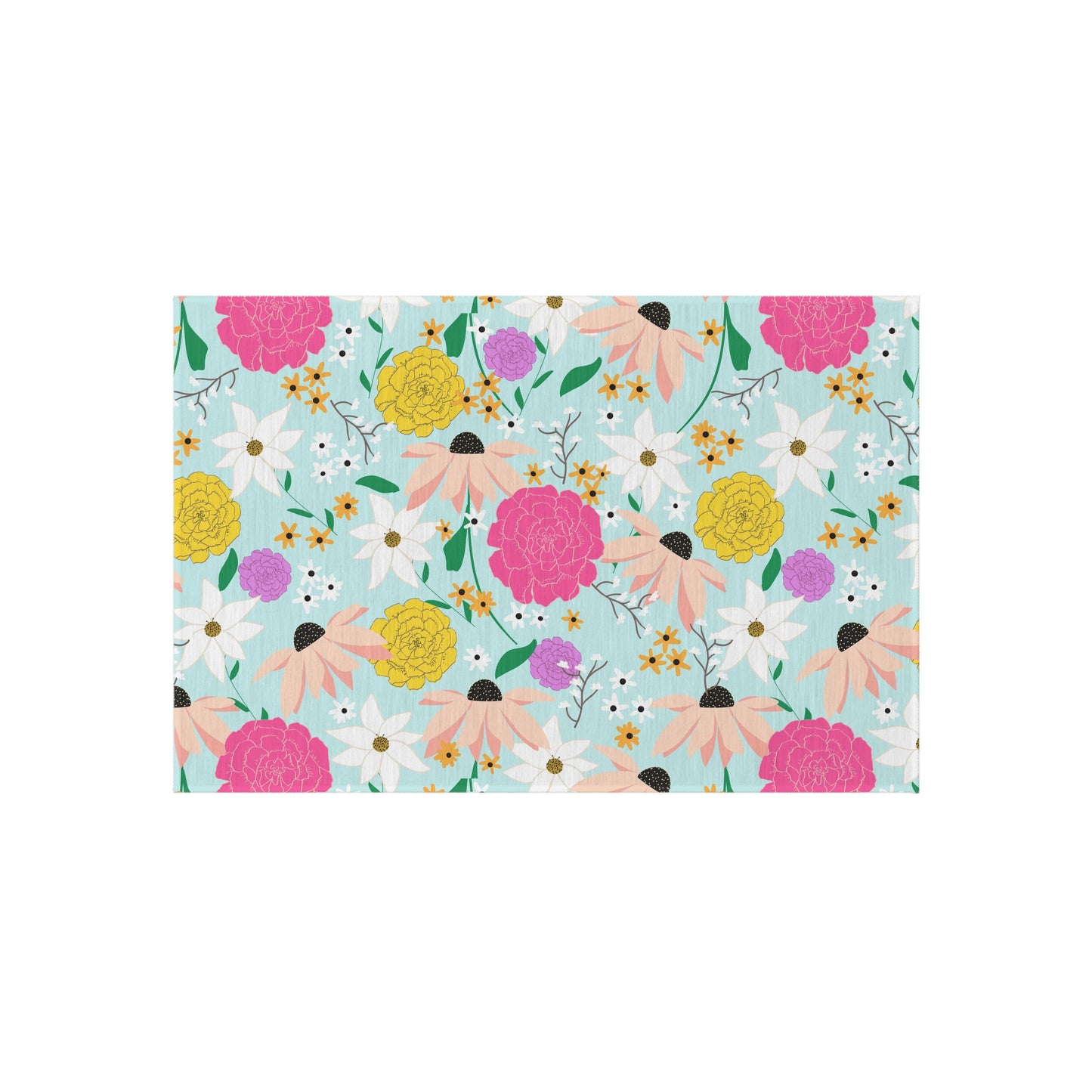 A colorful outdoor patio rug featuring a vibrant floral pattern with pink, yellow, and white flowers on a soft aqua background. Designed for patios, decks, and garden spaces, this weather-resistant rug adds a lively, nature-inspired touch to any outdoor setting.