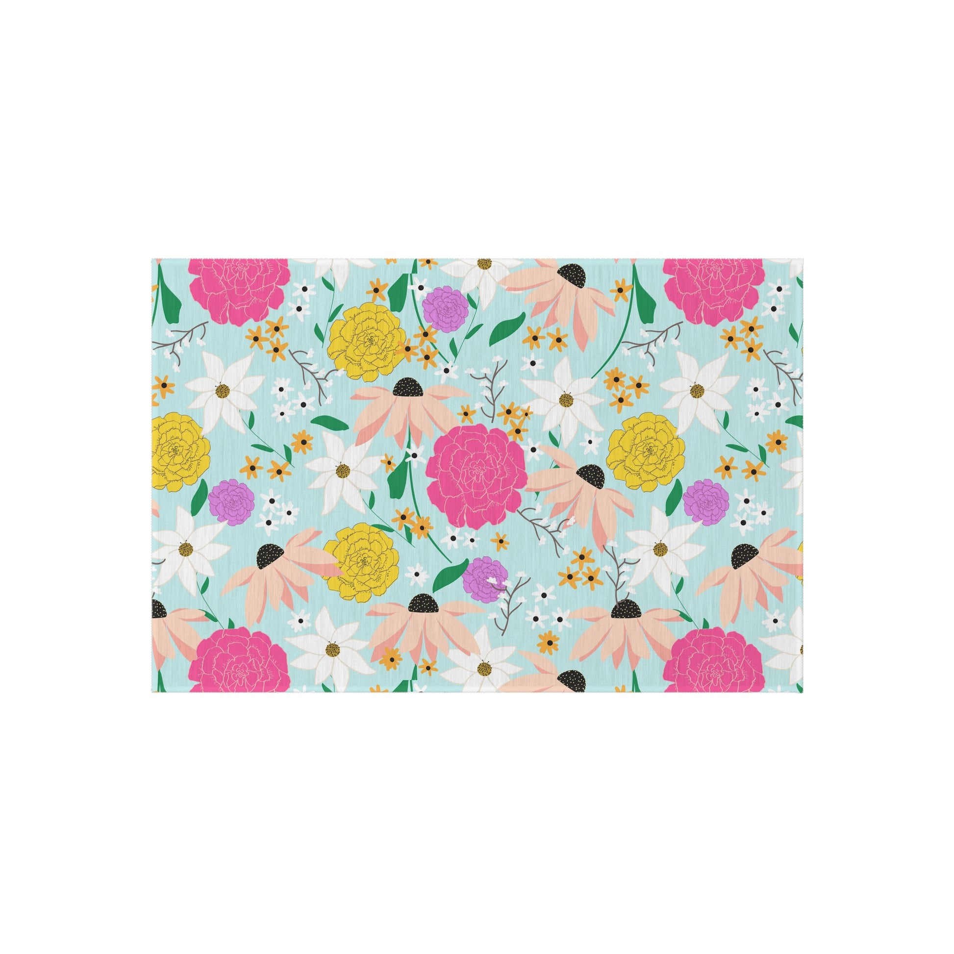 A colorful outdoor patio rug featuring a vibrant floral pattern with pink, yellow, and white flowers on a soft aqua background. Designed for patios, decks, and garden spaces, this weather-resistant rug adds a lively, nature-inspired touch to any outdoor setting.