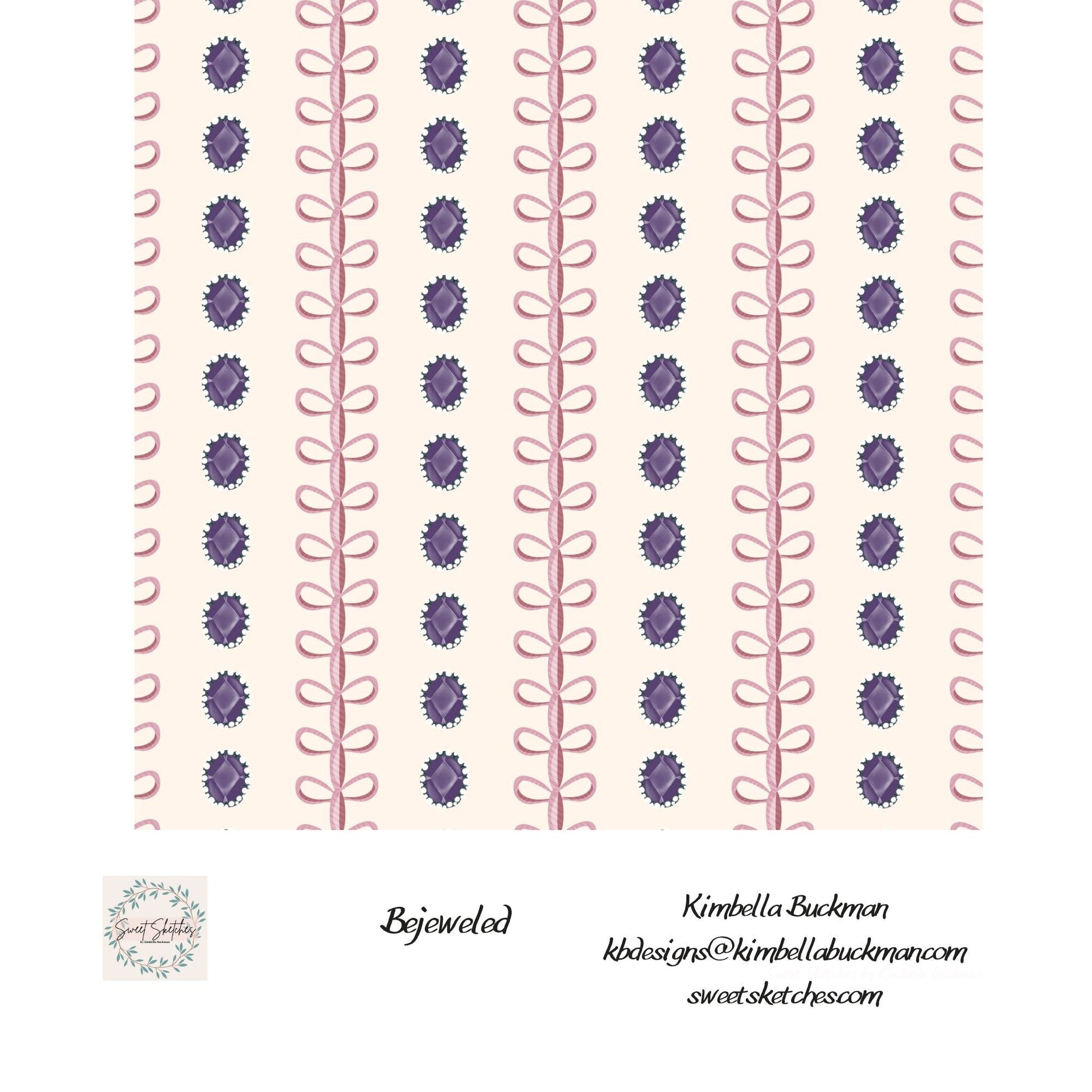 Gemstones and ribbon bows in a dainty stripe pattern perfect for dresses, bags, or wrapping paper.  Vertical repeating pattern with deep purple gem shapes and soft pink ribbon bows on a cream background.