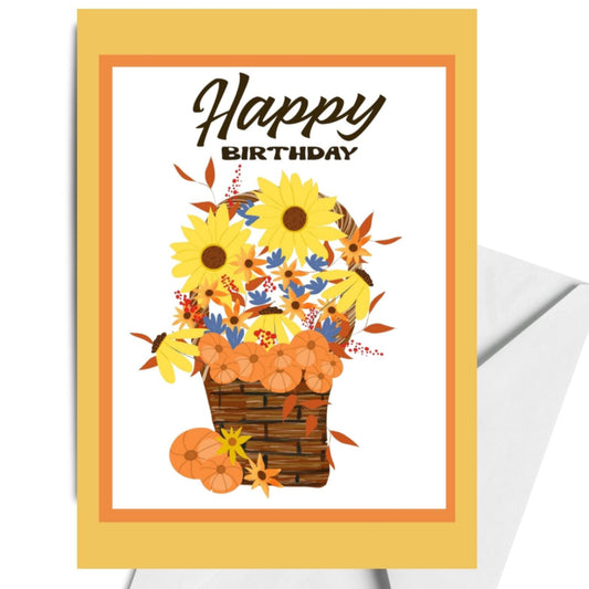 Birthday card with sunflowers and pumpkins on a yellow background