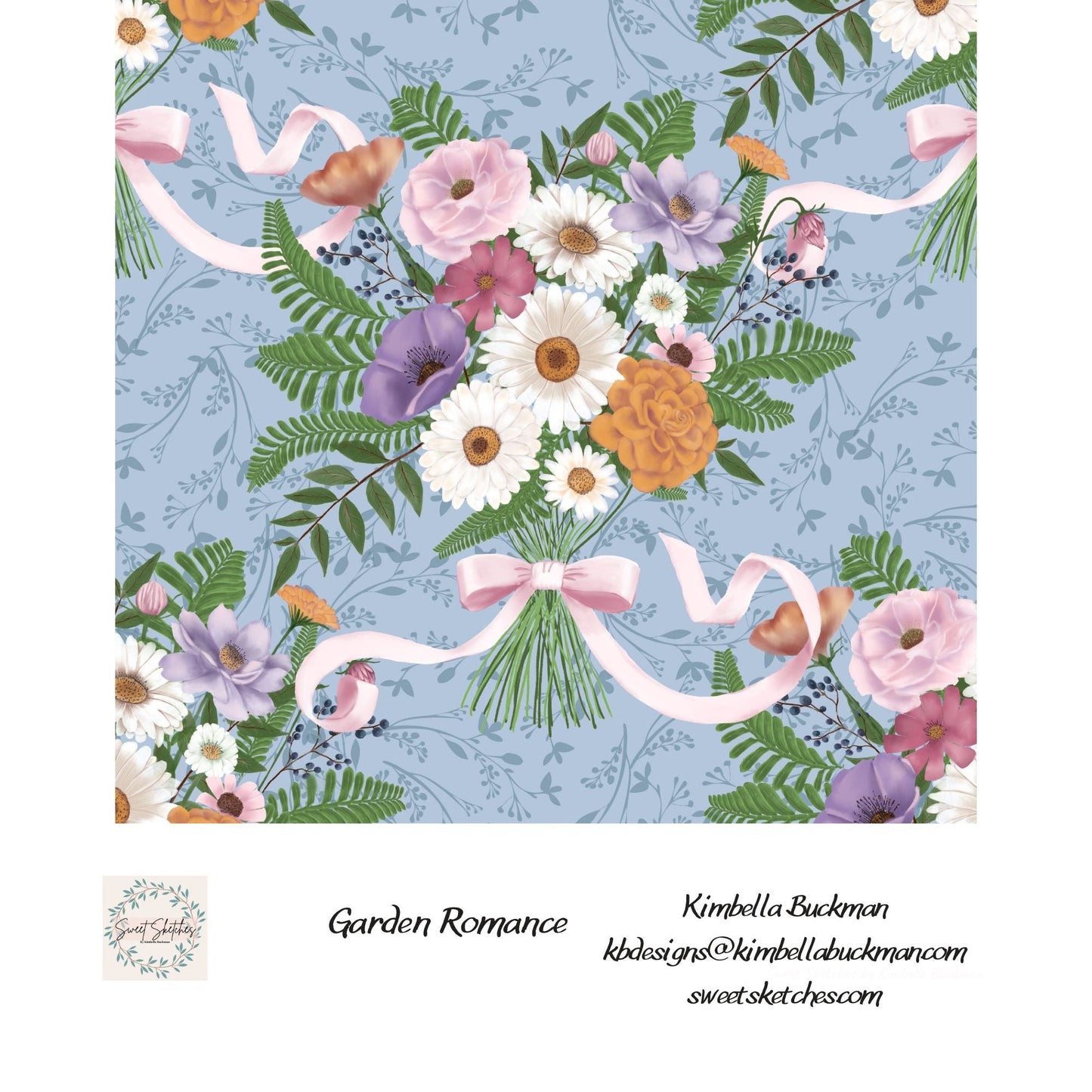 A large-scale floral bouquet tied with pink ribbon on a soft blue background, surrounded by foliage and mini florals. Large hand-drawn floral bouquet pattern on a light blue background with roses, daisies, ferns, and pink ribbon.
