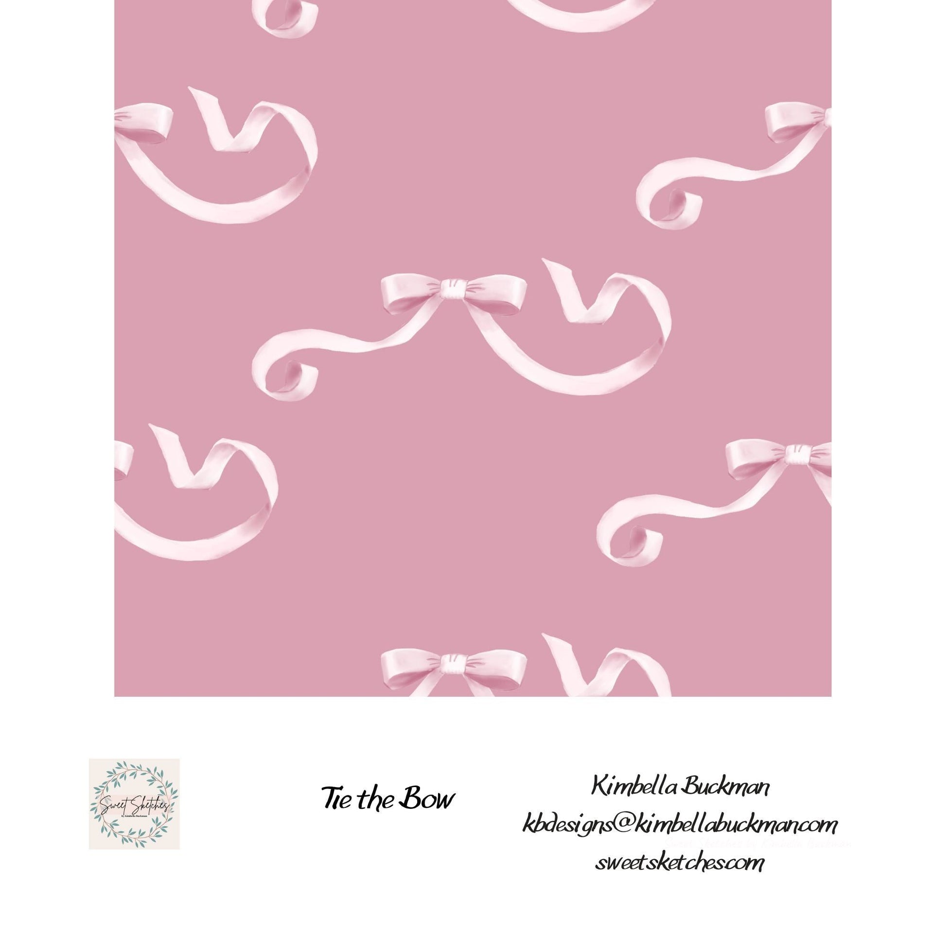 Painterly satin ribbon bows on a soft pink backdrop ideal for baby items, fabric, or gift wrap.   Soft pink repeating pattern of ribbon bows with curling ends on a rose background.