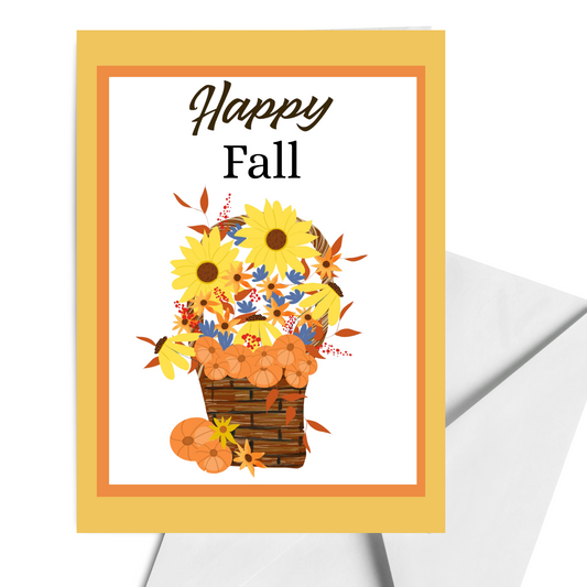 Happy Fall Basket Art Print Sunflowers Pumpkins Autumn Foliage