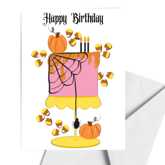 Halloween Birthday Card – Cake with Spider Web & Candy Corn