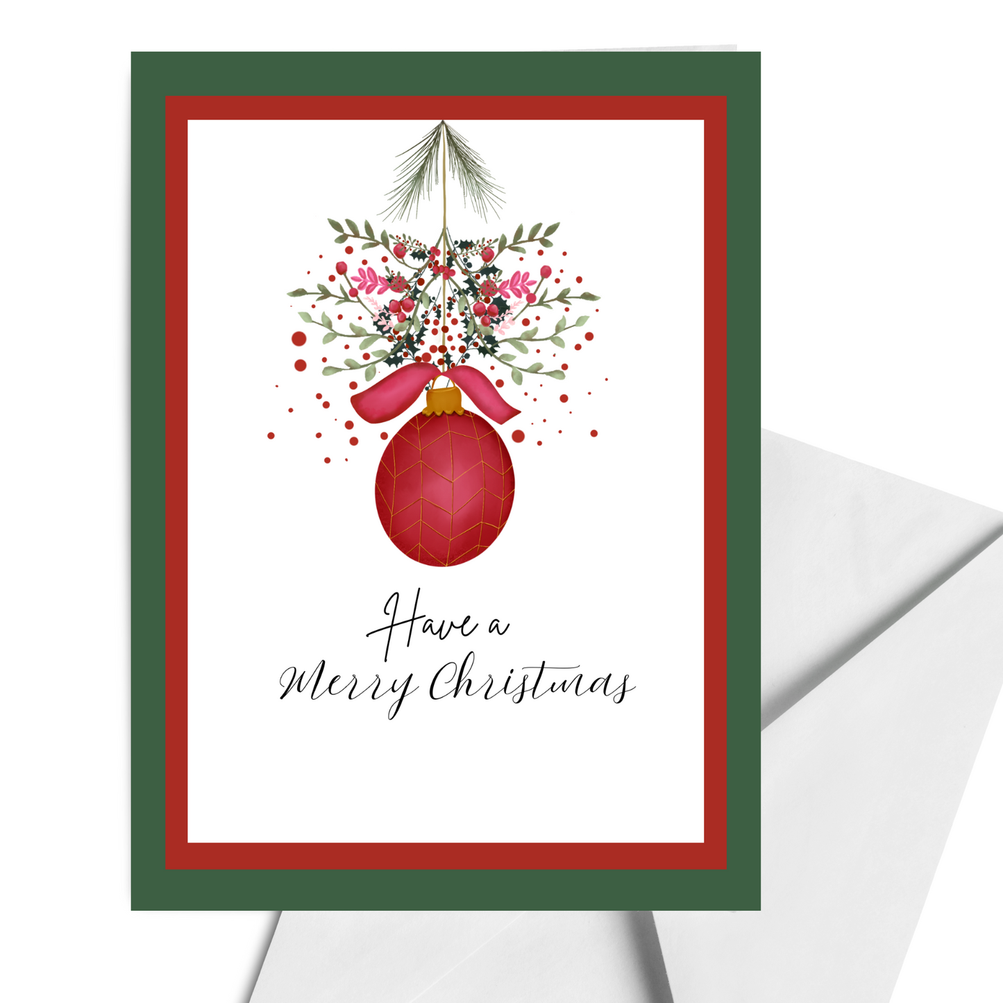 Merry Christmas Card Red Ornament with Florals